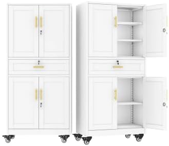 winiowa 71" Tall Metal Garage Storage Cabinet with Wheels and Locking Doors, Locking Rolling Tool Cabinet with Drawer and 3 Adjustable Shelves for Garage,Home,Office-White
