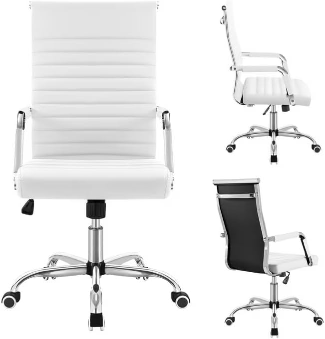 Shahoo Ribbed Office Chair, Mid-Back PU Leather Office Chair Executive Task Chair with 360° Swivel Wheels for Conference Room, Home Offices (White)