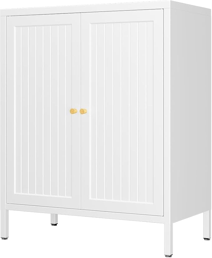 2 Door Metal Storage Cabinet-Small Bathroom Storage Cabinet with 1 Adjustable Shelf,Freestanding Sideboard for Home Office, Living Room, Hallway, Entryway(Striped Door, White)
