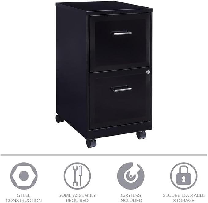 Pemberly Row 2 Drawers 26.7" Vertical Black Metal Filing Cabinet Lockable Pre-Assembled Movable Letter Size for Home, Office