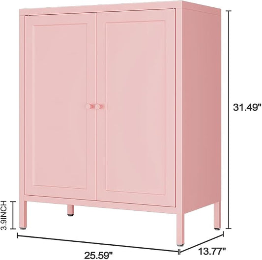 2 Door Metal Storage Cabinet-Small Bathroom Storage Cabinet with 1 Adjustable Shelf,Metal Freestanding Sideboard for Home Office, Living Room, Hallway, Entryway(Square Door, Pink)