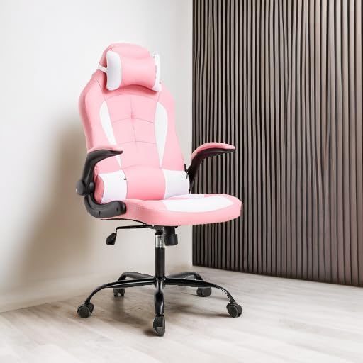 BestOffice Gaming Chair Office Chair Desk Chair with Lumbar Support Flip Up Arms Headrest Swivel Rolling Adjustable PU Leather Racing Computer Chair for Girls,Pink
