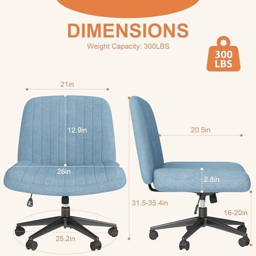 Shintenchi Criss Cross Chair,Cross Legged Office Seat with Wheels Armless Swivel Vanity Chair,Height Adjustable Wide Computer Task Seating for Home Office,Blue 