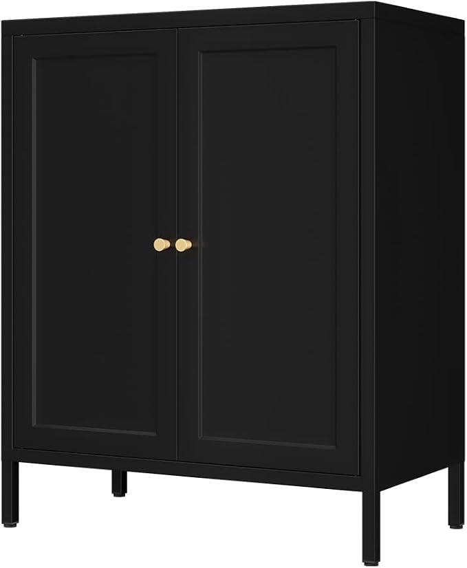 2 Door Metal Storage Cabinet-Small Bathroom Storage Cabinet with 1 Adjustable Shelf,Metal Freestanding Sideboard for Home Office, Living Room, Hallway, Entryway(Square Door, Black)