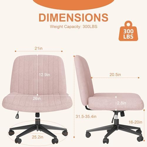 Shintenchi Criss Cross Chair,Cross Legged Office Seat with Wheels Armless Swivel Vanity Chair,Height Adjustable Wide Computer Task Seating for Home Office,Pink 