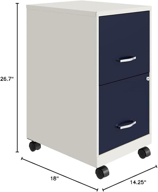 Pemberly Row 2-Drawer Mobile Metal Filing Cabinet, 18" D, White/Navy Finish, Locking Drawers with Glide Suspension, Letter-Size File Storage, Compact Vertical Design for Home or Office
