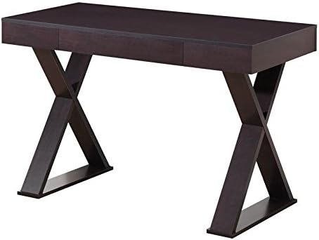 Pemberly Row Writing Desk with Drawer, Espresso Finish, Heavy-Duty Particle Board, Moisture Resistant Laminate, Geometric X-Shaped Legs, Ultra Modern Style, Compact Workspace Furniture for Home or