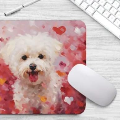 Bichon Frise Mouse Pad Dog with Red Hearts Pattern Non-Slip Rubber Mouse Pad Puppy in Love Mouse Pad for Home Office Work Desk Computer Desktop Laptop for Dog Lovers