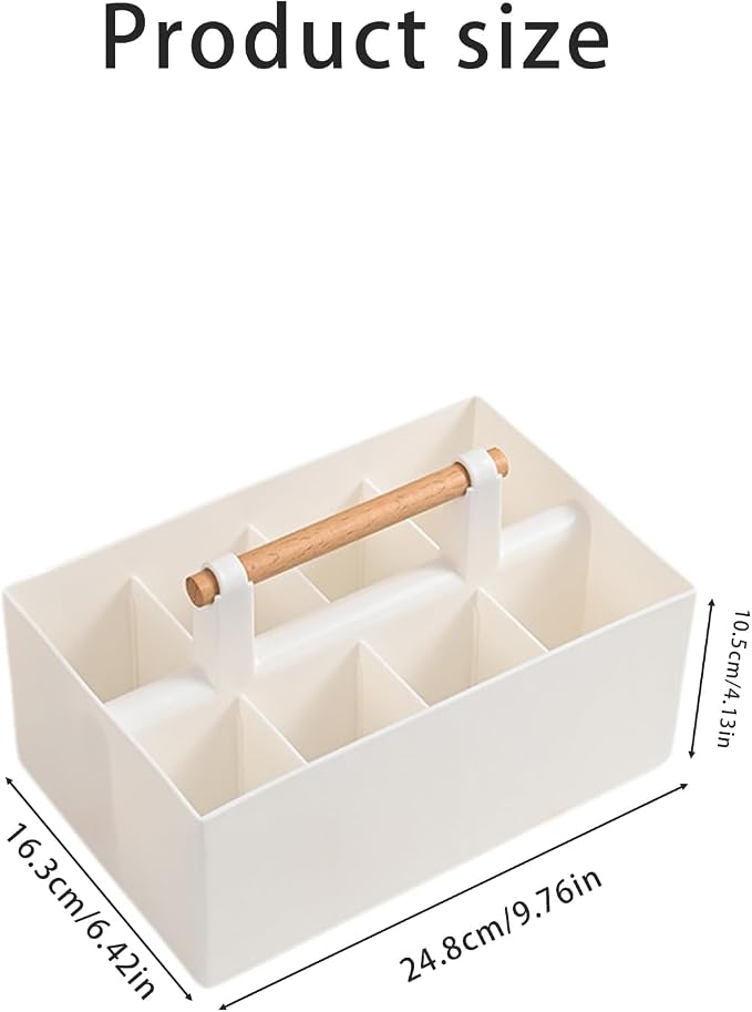 Buqoo Desk Organizer with 8 Compartments, Plastic Makeup Organizer with Wooden Handle, Pen Holder for Desktop Storage, Desk Organization for School, Home, Office Supplies (White)