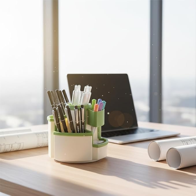 Pencil Holder for Desk Rotating Pen Organizers Green Small Desktop Organizer Desk Storage Caddy Ideal for Office, Home, School,Classroom (White & Green)