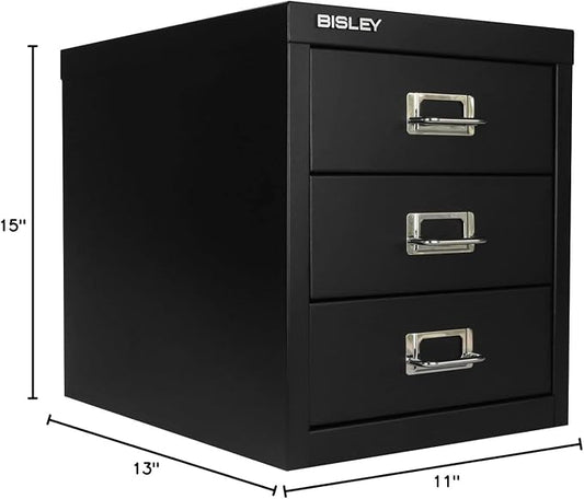 Bisley 3-Drawer Steel MultiDrawer Cabinet - Black | Chrome Pull Handles with Label Holders, Powder-Coated Steel, Removable Drawers, Desktop Storage, Labels Included