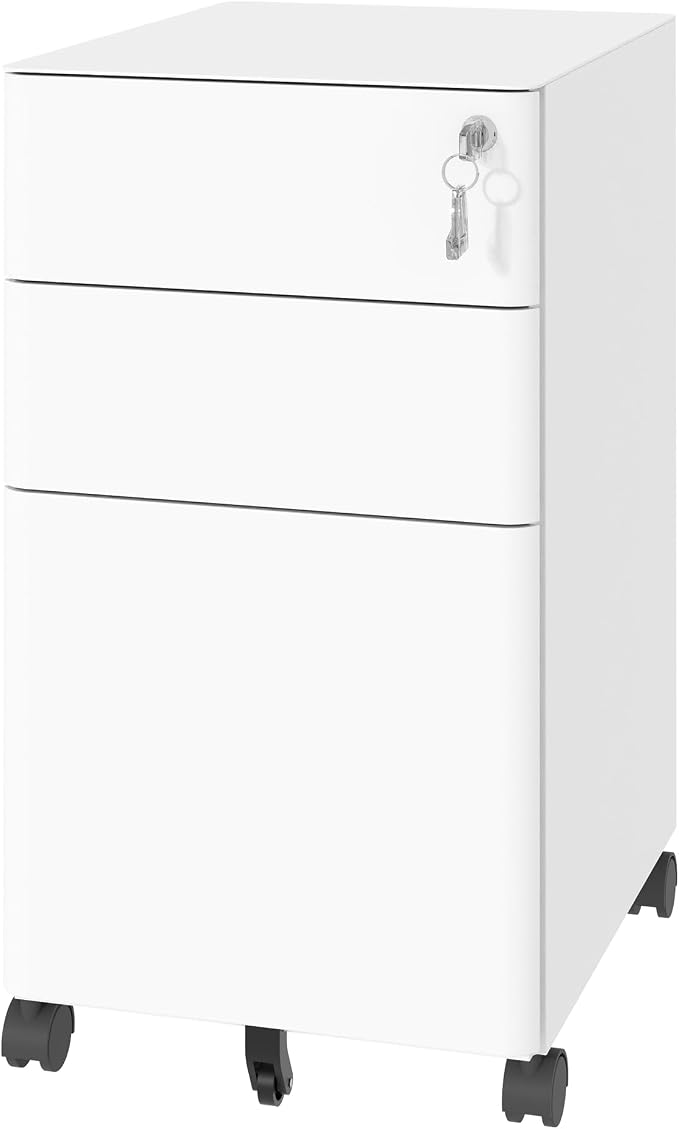 SAWJEC 3 Drawer File Cabinet with Lock, 11.8" W Fully Assembled Rolling Printer Stand Under Desk, White Filing Cabinet for Legal/Letter/A4 Size, Home Office, 17.7" D x 11.8" W x 24.0" H