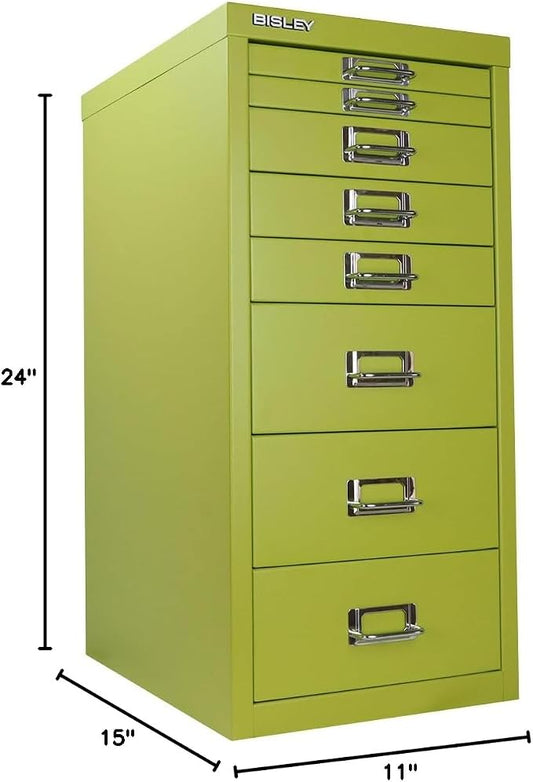 8-Drawer Steel MultiDrawer Cabinet - Green, by Bisley | Chrome Pull Handles with Label Holders, Powder-Coated Steel, Removable Drawers, Fits Under Most Desks, Labels Included