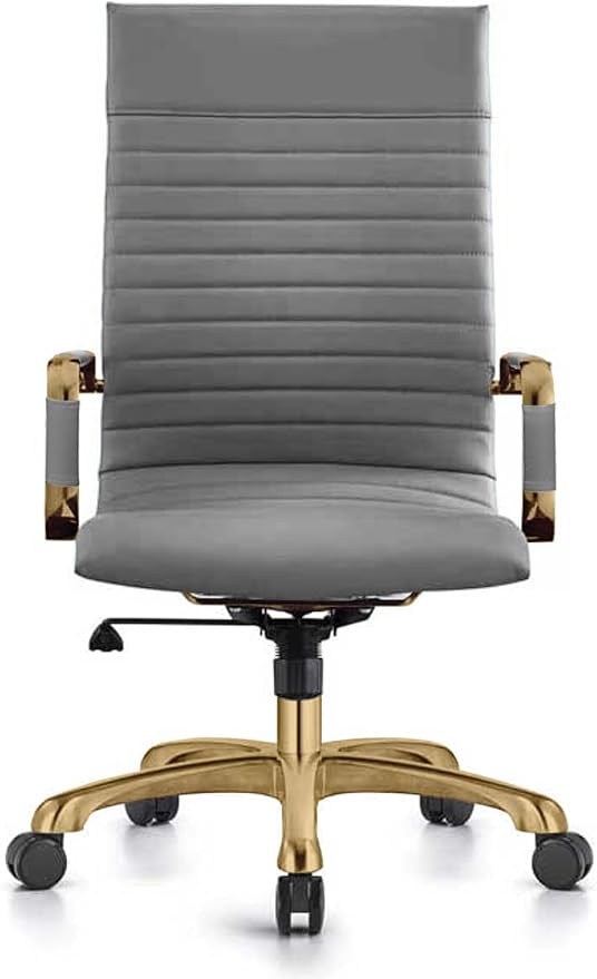 LeisureMod Harris High-Back Task Office Chair - Modern Leather Upholstery with Gold Frame, Ribbed Design 360 Degree Adjustable Swivel for Home, Office, and Study Room