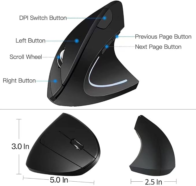Ergonomic Mouse, 2.4G Optical Wireless Vertical Mouse with 6 Buttons - 3 Adjustable DPI 800/1200/1600 for Laptop, PC, Computer, Desktop, Notebook etc, Specially for Right-handers