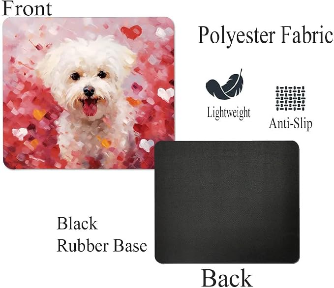 Bichon Frise Mouse Pad Dog with Red Hearts Pattern Non-Slip Rubber Mouse Pad Puppy in Love Mouse Pad for Home Office Work Desk Computer Desktop Laptop for Dog Lovers