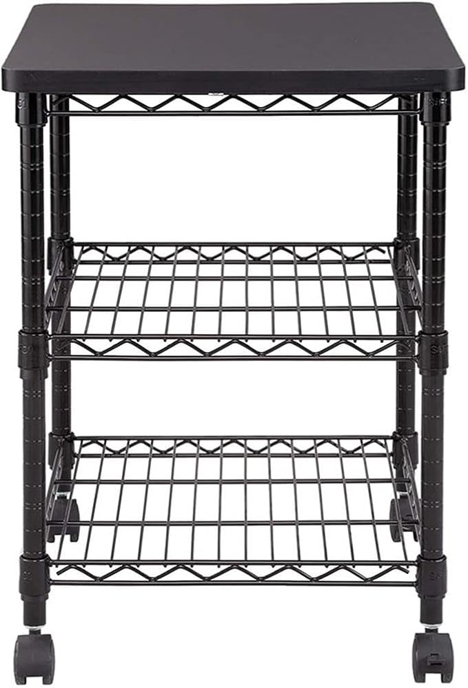 Safco Deskside 3 Tier Rolling Cart Printer Stand, Mobile Utility Table for Home Office with Steel Shelves, Black