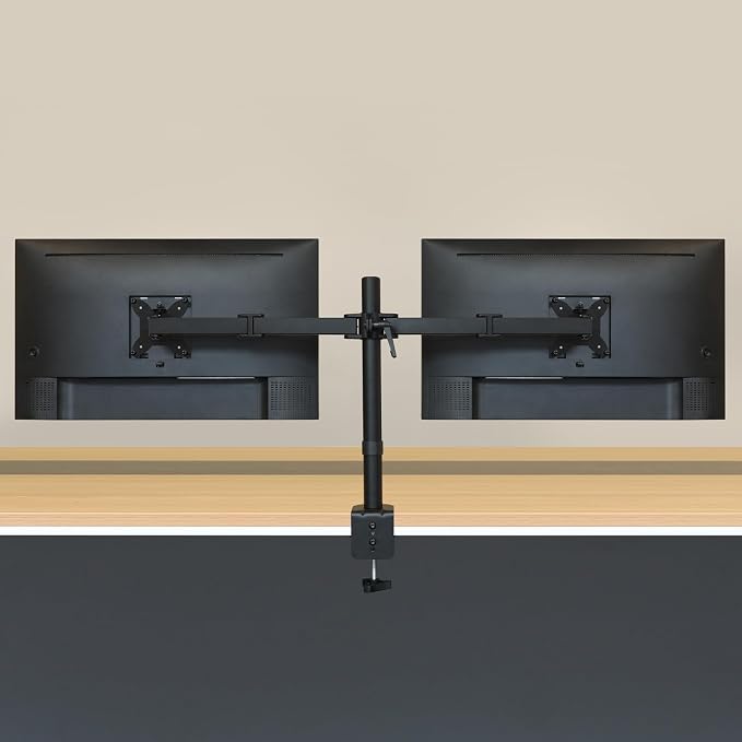 Amazon Basics Adjustable Dual Monitor Desk Mount, Supports up to 32 inch Monitors and 22 lbs per Arm, Adjustable Tension, VESA 75x75/100x100, Black