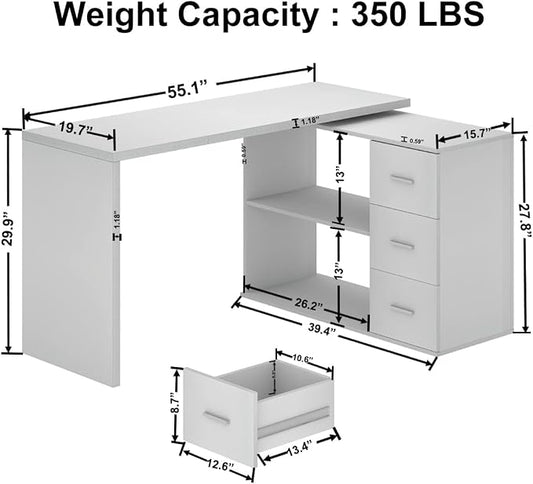 HSH White L-Shaped Computer Desk with 3 Drawers and 2 Shelves, Reversible Home Office Corner Desk for Writing Study Work Executive, 55 Inch Bedroom Wood Table Workstation Desk with Storage Cabinet