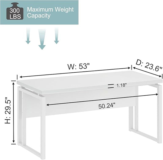 EXCEFUR White Computer Desk, Simple Wood and Metal Home Office Desk, Modern Study Writing Table Workstations for Living Room Bedroom, 53 Inch
