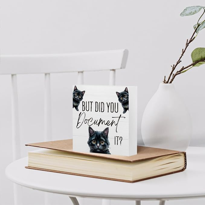 mmiishe But Did You Document It Funny Cat Office Decor for Black Cat Lover | Black Cat Gifts for HR Colleague Friend Women Men Cute Desk Decor Wooden Box Sign for Home Office Desk Boss Gift 5 x 5 Inches
