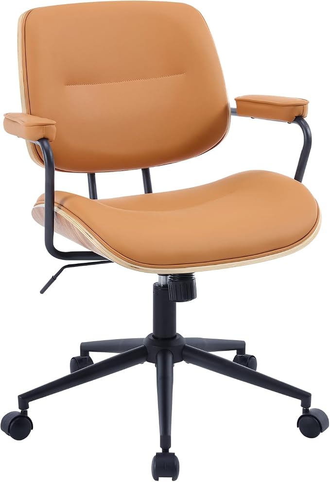 Mid Century Modern Office Chair with Adjustable Backrest, Wooden Desk Chair with Armrests, Swivel Height Adjustable Home Office Chair, Comfortable Task Chair for Home Office, Brown