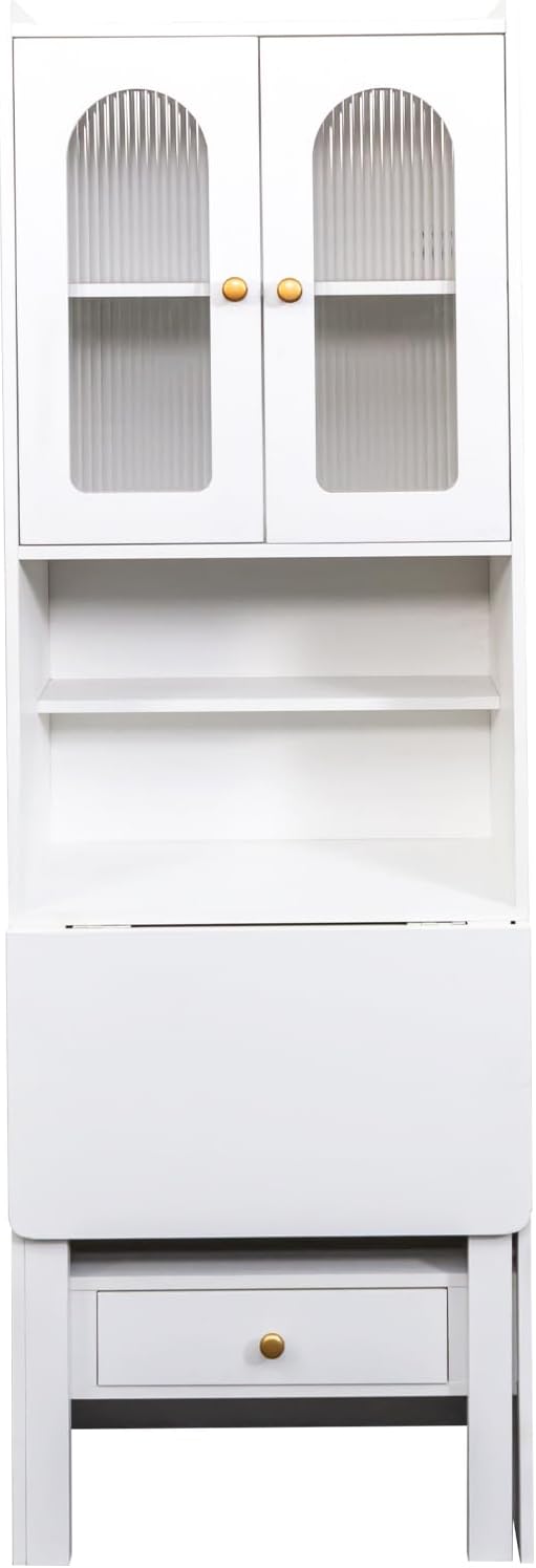 LUMISOL Fold-Out Convertible Writing Table with Glass Doors, Drawers, Bookshelf & Storage Shelves, Modern Wooden Convertible Workstation for Work, White