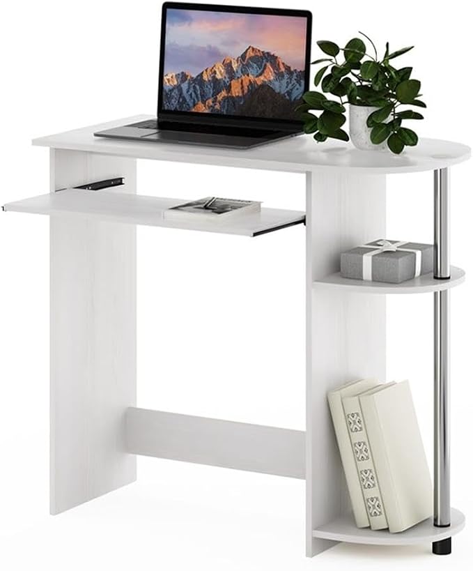 Pemberly Row Computer Desk, 31.5 in Wide, Composite Wood and Stainless Steel Tubes, White Finish, Pull-Out Keyboard Drawer, Dual Shelves, Compact Home Office or Bedroom Workspace