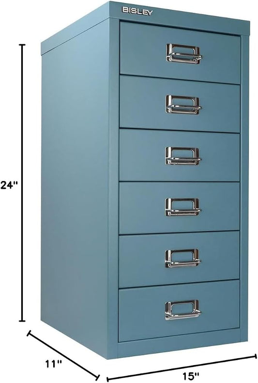 Bisley 6-Drawer Steel MultiDrawer Cabinet - Doulton Blue | Chrome Pull Handles with Label Holders, Powder-Coated Steel, Removable Drawers, Fits Under Most Desks, Labels Included