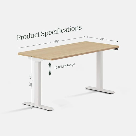 Branch Duo Standing Desk 58 Inches - Adjustable Standing Desk with 20” Range - OLED Control Panel - Frameless Design & Compact Size Suitable for Many Spaces - Woodgrain Top - White Base