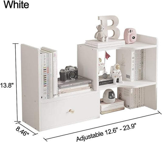 Expandable Wood Desktop Bookshelf, Freestyle Adjustable Wood Display Desk Shelf Counter Storage Rack Top Bookcase for Office & Home (White)