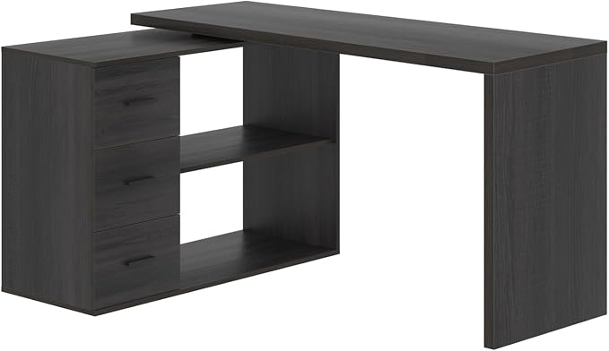 HSH L Shaped Desk with Drawers, Shape Computer Storage Cabinet Shelves, Reversible Modern Industrial Home Office Corner Desk, Rustic Wood Executive Writing Gaming Study Table, Gray 55 Inch