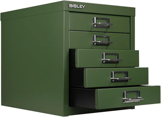 Bisley 5-Drawer Steel MultiDrawer Cabinet - Olive Green | Chrome Pull Handles with Label Holders, Powder-Coated Steel, Removable Drawers, Desktop Storage, Labels Included