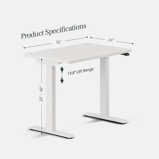 Branch Duo Standing Desk 36 Inches - Adjustable Standing Desk with 20” Range - OLED Control Panel - Frameless Design & Compact Size Suitable for Many Spaces - White Base - White Top