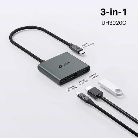 TP-Link USB C Hub 3-in-1 Multiport Adapter (UH3020C) | 4K HDMI | 100W Power Delivery | 1×USB-A 3.0 Port | 5Gbps High-Speed Transfer | USB C Dongle for MacBook, iPad, ThinkPad and More | Plug and Play