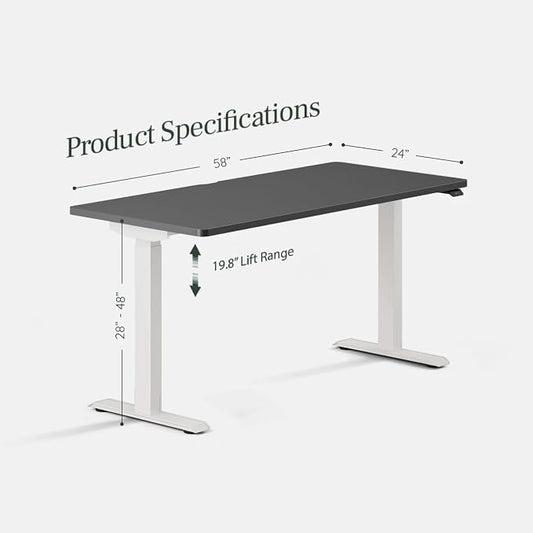 Branch Duo Standing Desk 58 Inches - Adjustable Standing Desk with 20” Range - OLED Control Panel - Frameless Design & Compact Size Suitable for Many Spaces - Charcoal Top - White Base