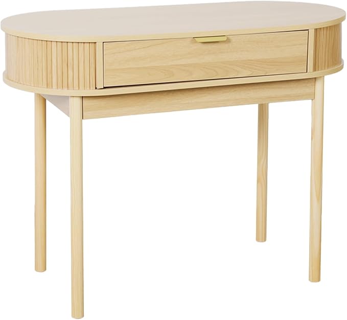 Fluted Small Computer Desk with Drawer, 40 Inch Mid-Century Modern Writing Desk with Solid Wood Legs,Compact Study Table for Small Spaces, Home Office, Bedroom,Natural