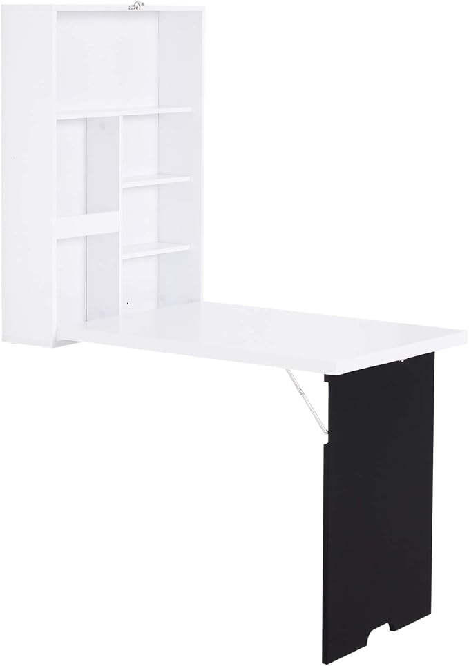 Wall Floating Desk with Storage, Foldable Hidden Desk with A Blackboard, Hideaway Fold Out Desk, Pull Out Murphy Table, Wooden Writing Table for Home Office Bedroom Small Spaces Apartment (White,)