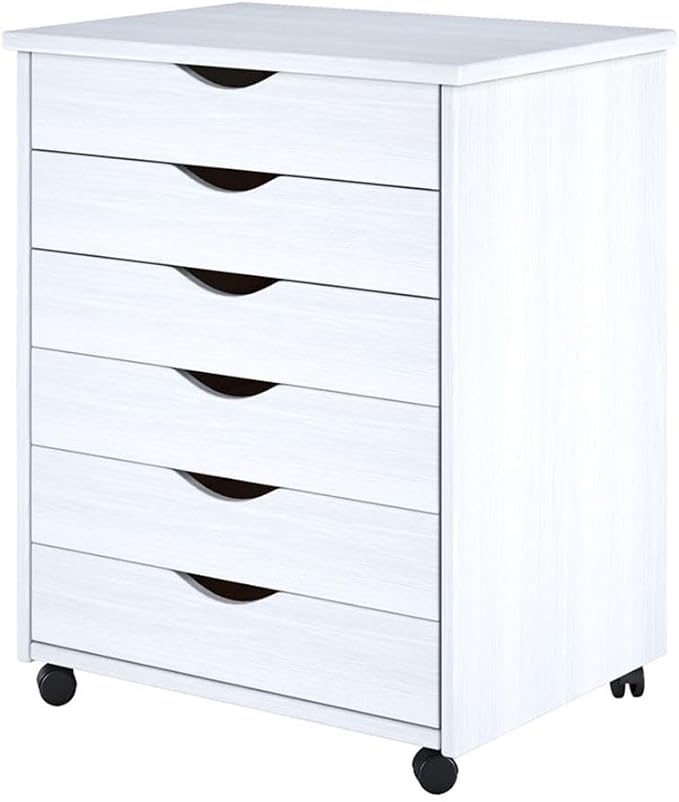 Pemberly Row Modern Solid Wood 6-Drawer Utility Cart, Compact Design, White Finish, L 15.35 x W 20.75 x H 25.43 in, Smooth Casters, Versatile Storage for Home Office, Studio, Craft Room