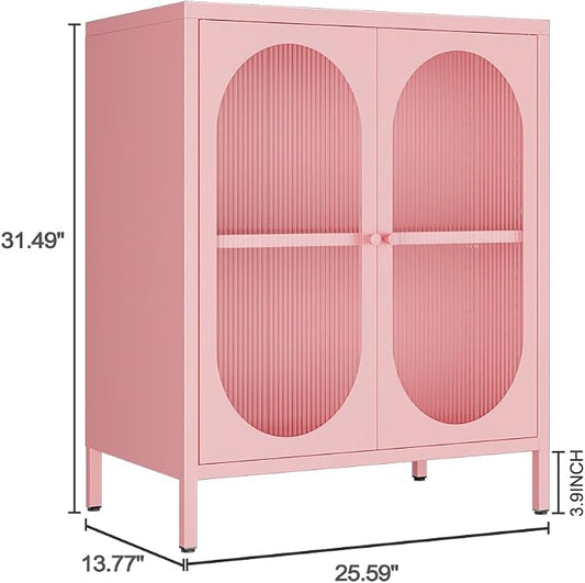 Small 2 Door Metal Storage Cabinet for Pantry,Office Room,Kitchen,Bathroom,Living Room, Hallway-Locker Cabinet with 1 Adjustable Shelf(Translucent Door, Pink)