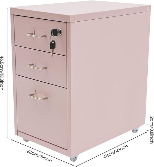 Pink File Cabinet, 3 Drawer File Cabinet with Lock, Metal Mobile Vertical Pink Desk Organizer, Rolling Cabinet with Lock and Wheels Under Desk for Home Office