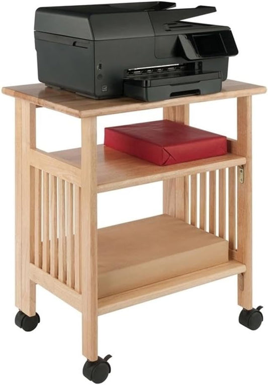 Pemberly Row Portable Foldable Printer Stand, Solid Wood Construction, Natural Finish, 27.17"H x 24.02"W x 16.22"D, Swivel Casters with Locking Wheels, Transitional Style Home Office or Kitchen Use