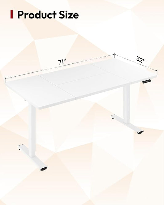 SANODESK Electric Standing Desk 71 x 32 Inches, Height Adjustable Sit Stand with Large Splice Board Desktop for Home Office, Computer Workstations,Memory Ergonomic Computer Desk, White Frame/White Top