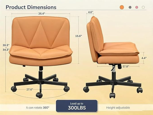 DurayLoly Criss Cross Chair with Wheels, Cross Legged Office Chair with 2 Layer Comfty Leather & Back, Armless Wide Vanity Chair for Home Office, Orange