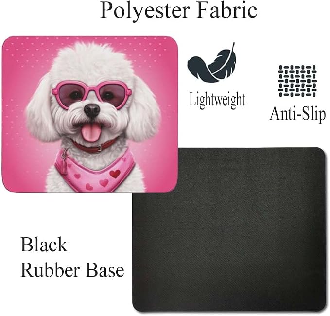 Pink Mousepad Glamour Dog Bichon Frise Mouse Pad for Home Office Gaming Working Desk Computer Desktop Accessories Non-Slip Rubber Mousepad for Dog Lovers