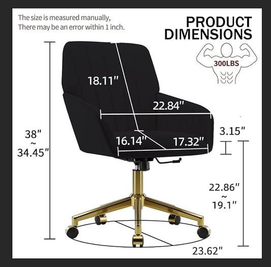 YISHENG Velvet Home Office Chairs with Gold Base, Height Adjustable 360 Degree Swivel Desk Chair with Wheels, Upholstered Tufted Modern Vanity Chairs for Living Room, Bedroom,Study Room (Black)