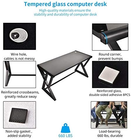URRED Computer Desk Glass Top and Metal Frame, Desk Table for Computer Desk Gaming Modern Study Office Work Writing Desks Table for Home Office, Black(55.1 inch)
