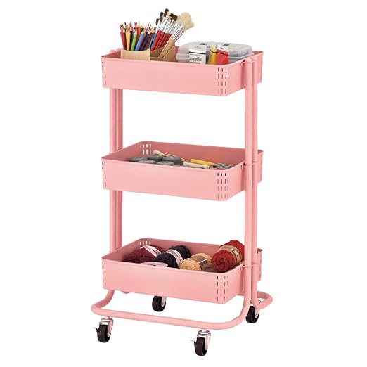 ECR4Kids 3-Tier Metal Rolling Utility Cart, Multipurpose Storage, Pink