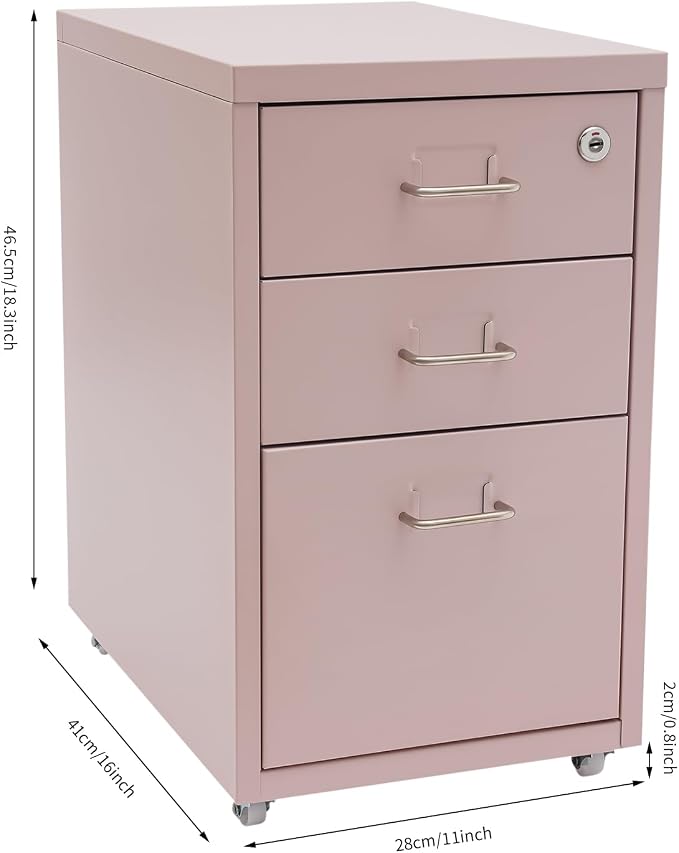 3-Drawer Metal File Cabinet, Mobile File Cabinet with Lock, Rolling Vertical Filing Drawers Under Desk for Home Office, 11 * 16 * 18.3in (Light Pink)