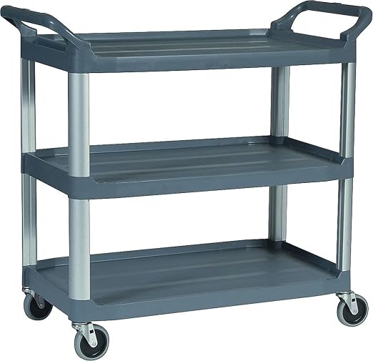 Rubbermaid Commercial Products Heavy Duty 3-Shelf Rolling Service/Utility/Push Cart, 300 lbs. Capacity, Black, for Foodservice/Restaurant/Cleaning